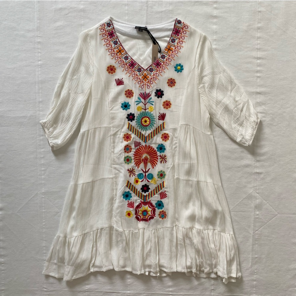 Coco + Carmen White Boho Dress with Colorful Embroidery